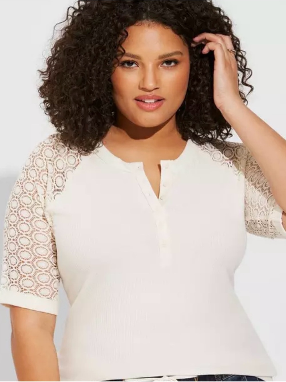 torrid Cream Lace Raglan Henley Short Sleeve Top